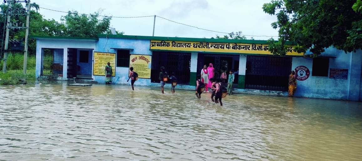 Knee deep water in Tharauli Primary School
