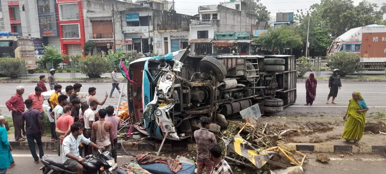 Bus overturns after hitting railing, 45 passengers injured