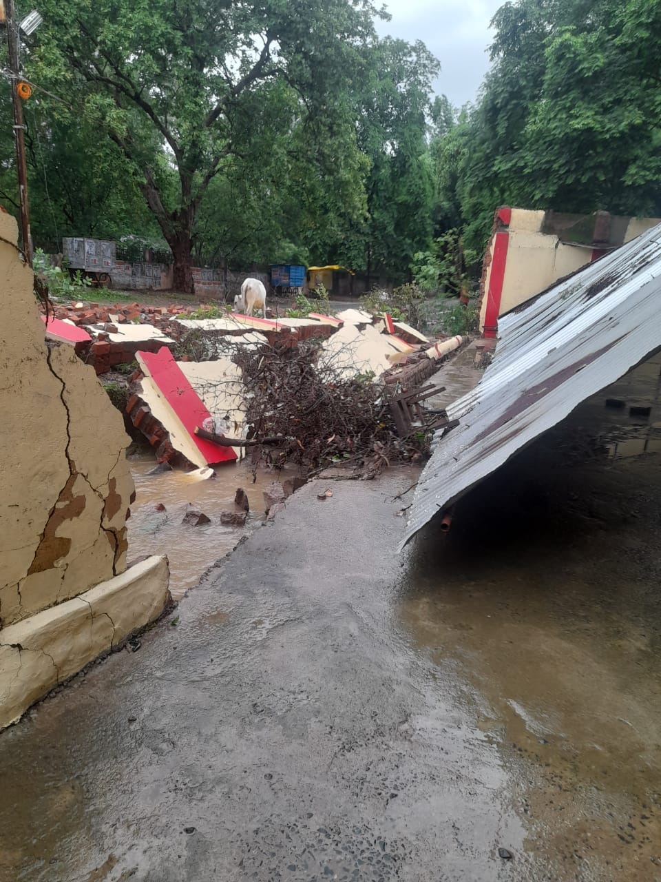 first time torrential rain, at some places boundary wall collapsed and at some places vehicles were submerged