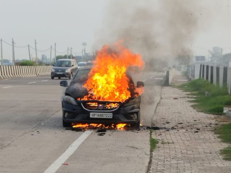 Suddenly A Car Caught Fire Near Jharoth On National Highway 334b ...