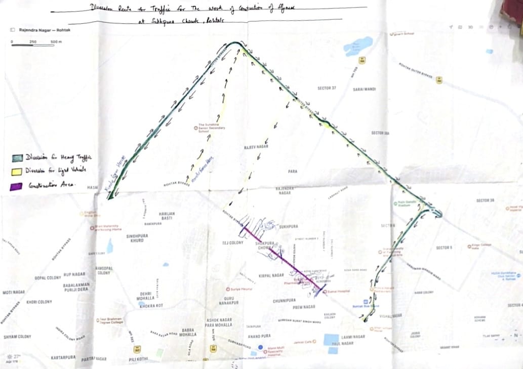 Route diverted for heavy vehicles due to bridge construction at Sukhpura Chowk