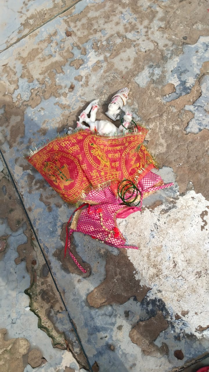 Anarchist elements destroyed Durga idol and also took away the bell.