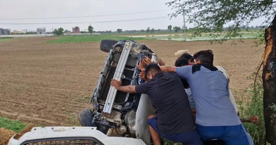 A speeding car went out of control and overturned, six people injured