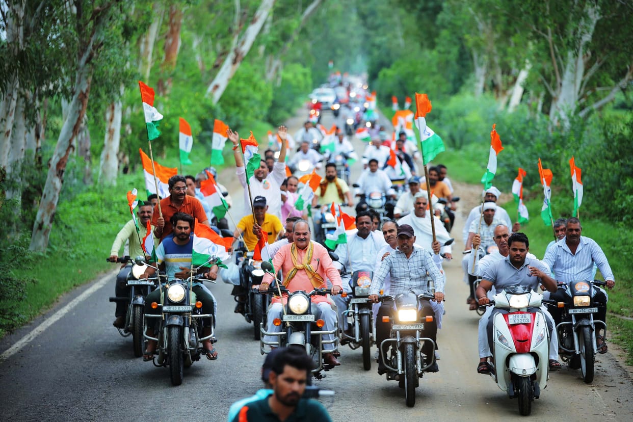 Grand bike tricolor procession taken out in Kosli assembly constituency
