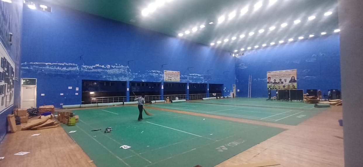 Leakage in the walls of International Badminton Hall