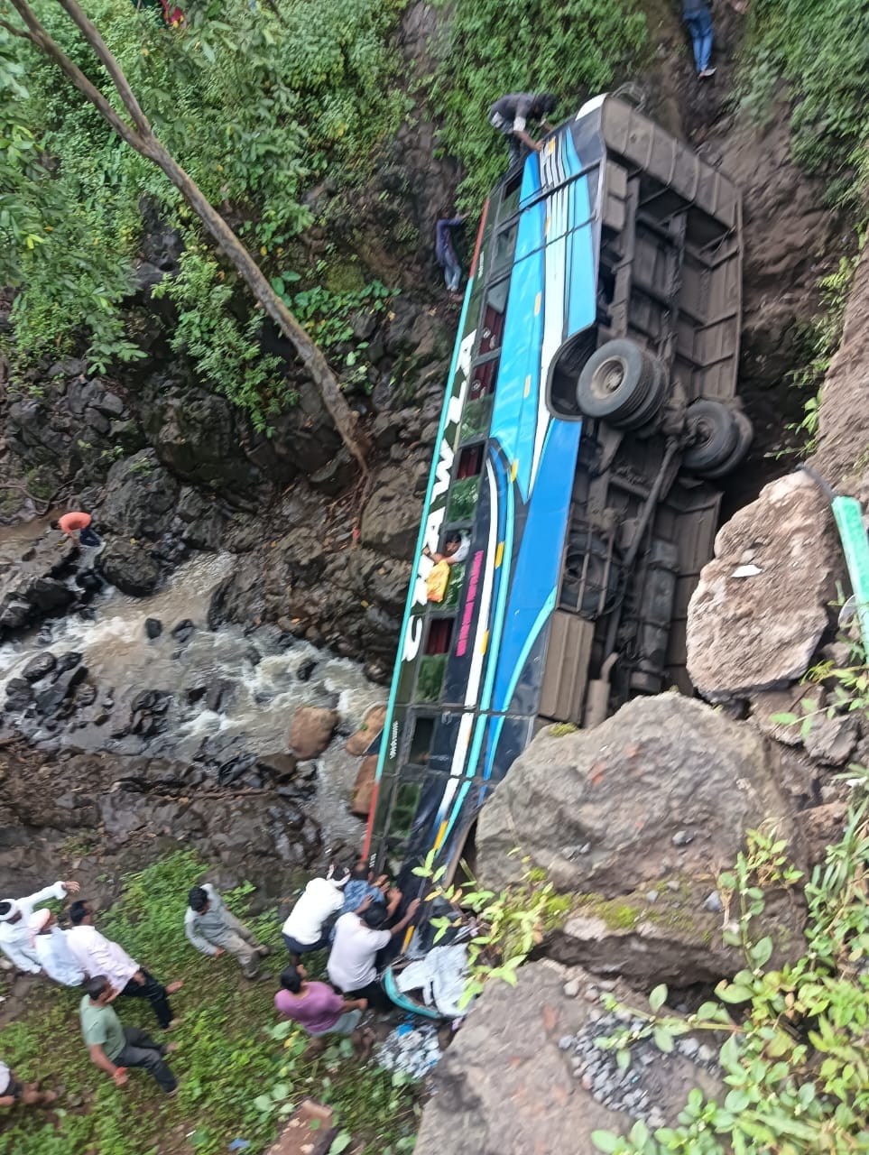 A bus full of passengers slipped on a dung cake and fell into a deep ditch