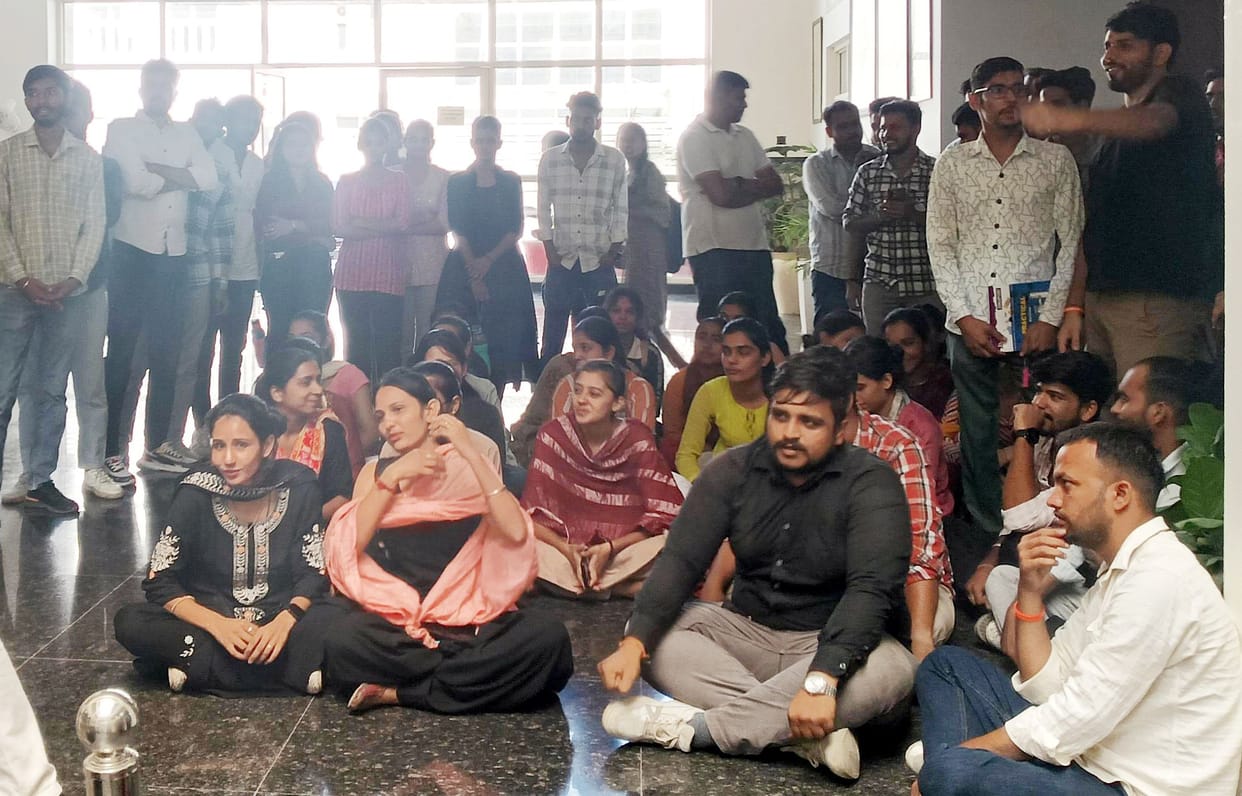 ABVP staged protest in CBLU for examination results and solution to drinking water problem.