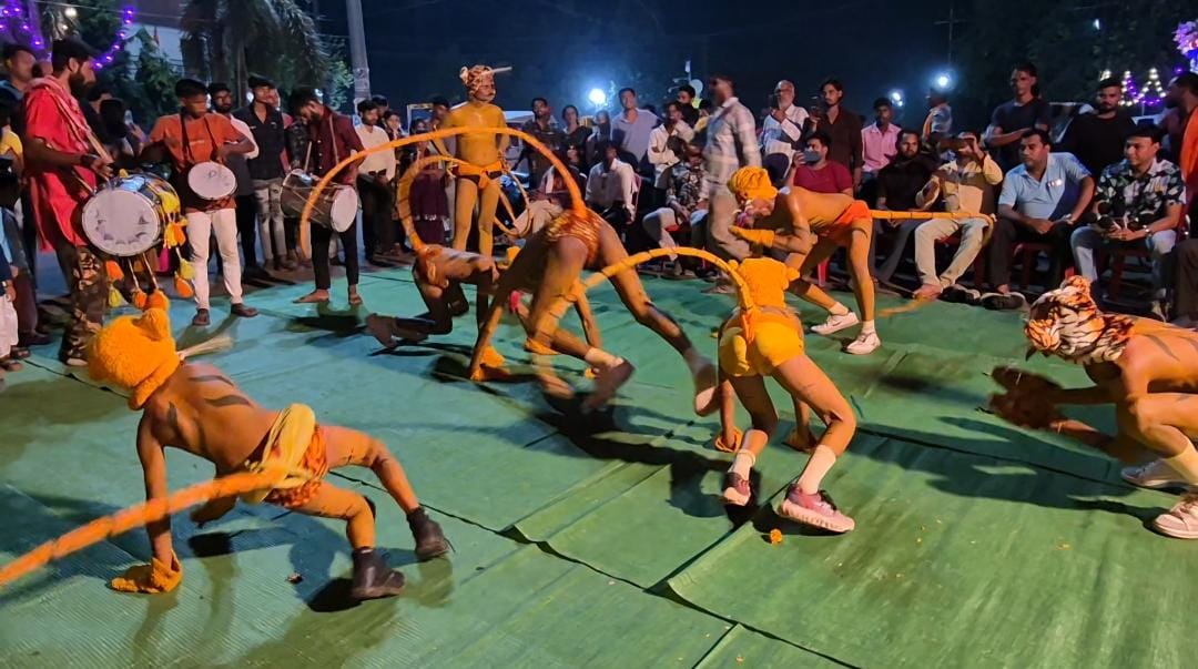 Damoh Lion dance near Devi statue, lion dance is organized on Navratri in Bundelkhand