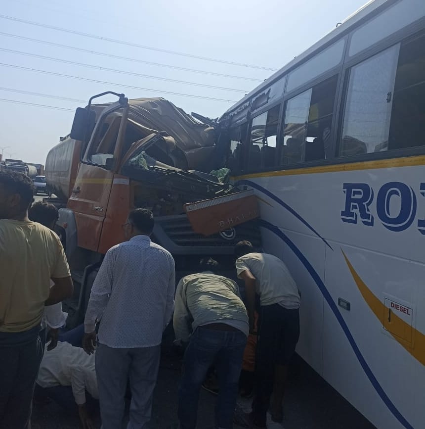 Tanker hits bus full of devotees on KMP, woman dies