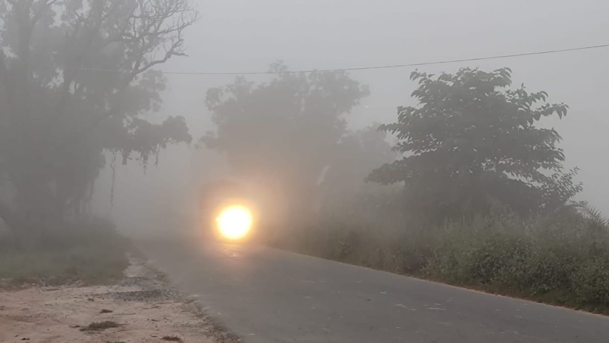Fog in the morning, speed of vehicles slowed down