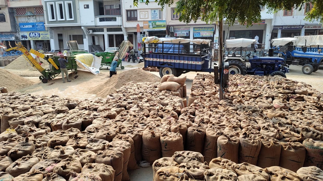 stacks of rice on the road