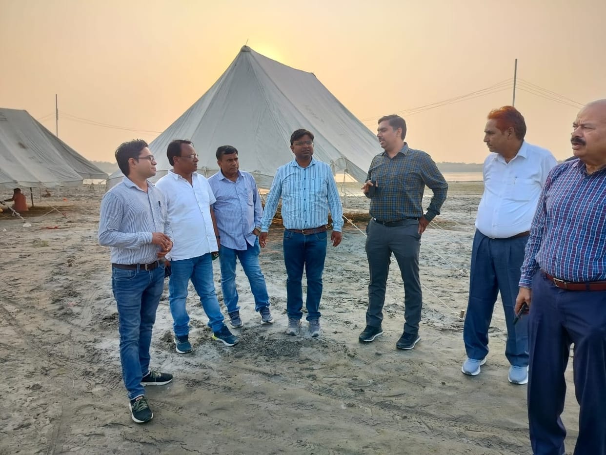 Tents started being set up for the bathing fair on the banks of the Ganges River at Vidurkuti