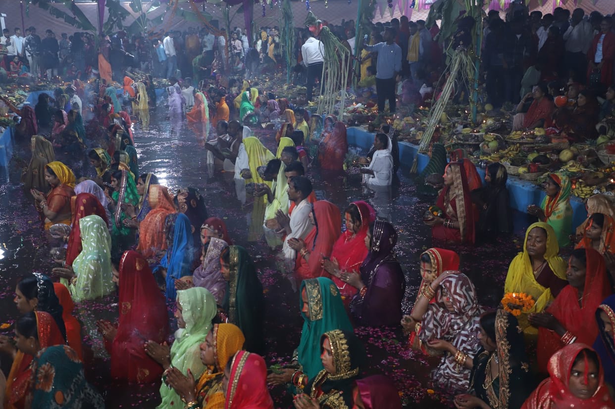 Women ended their fast by offering Arghya to the rising sun.
