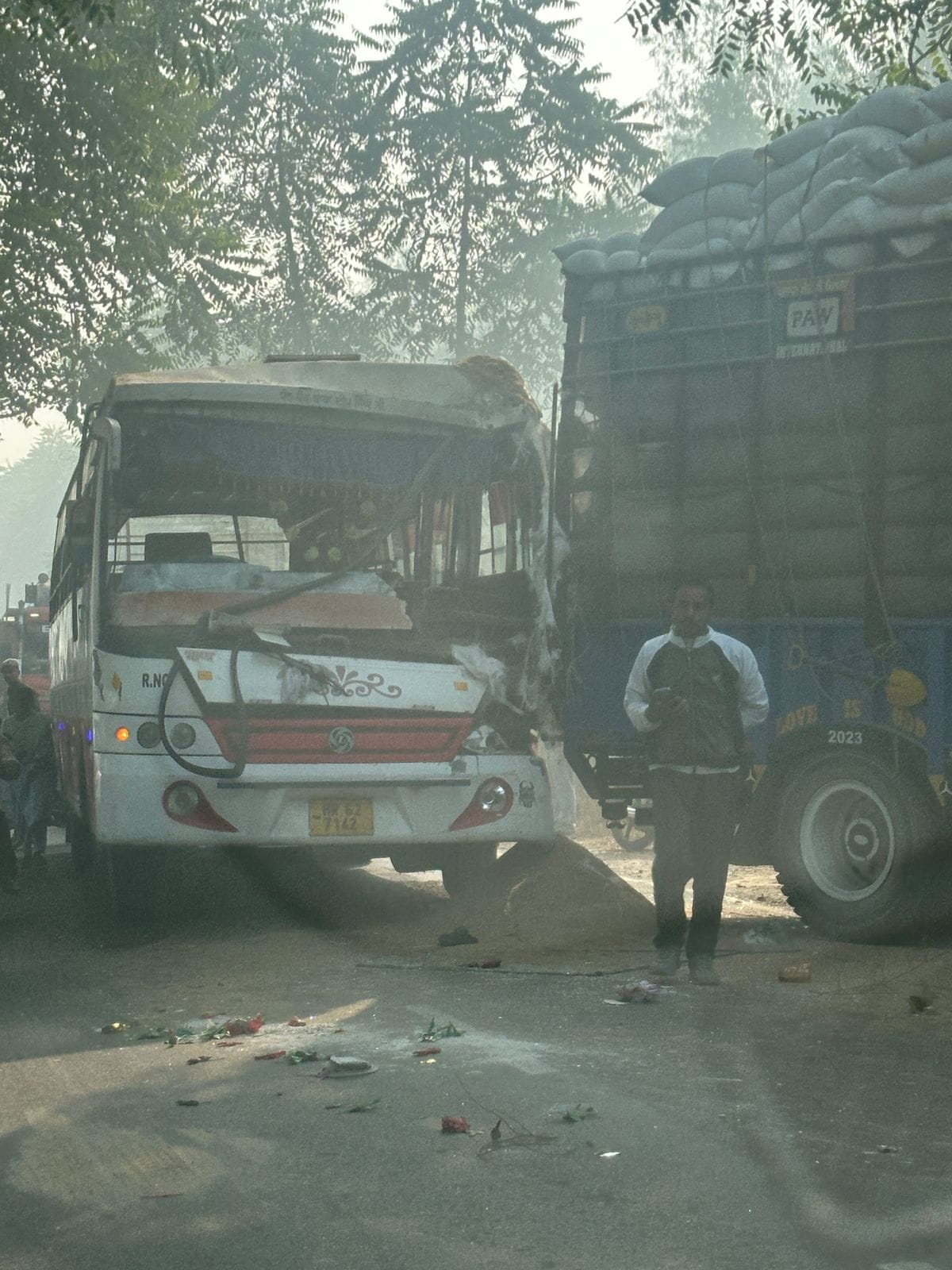 Private bus collides with tractor trolley due to fog, 10 passengers injured