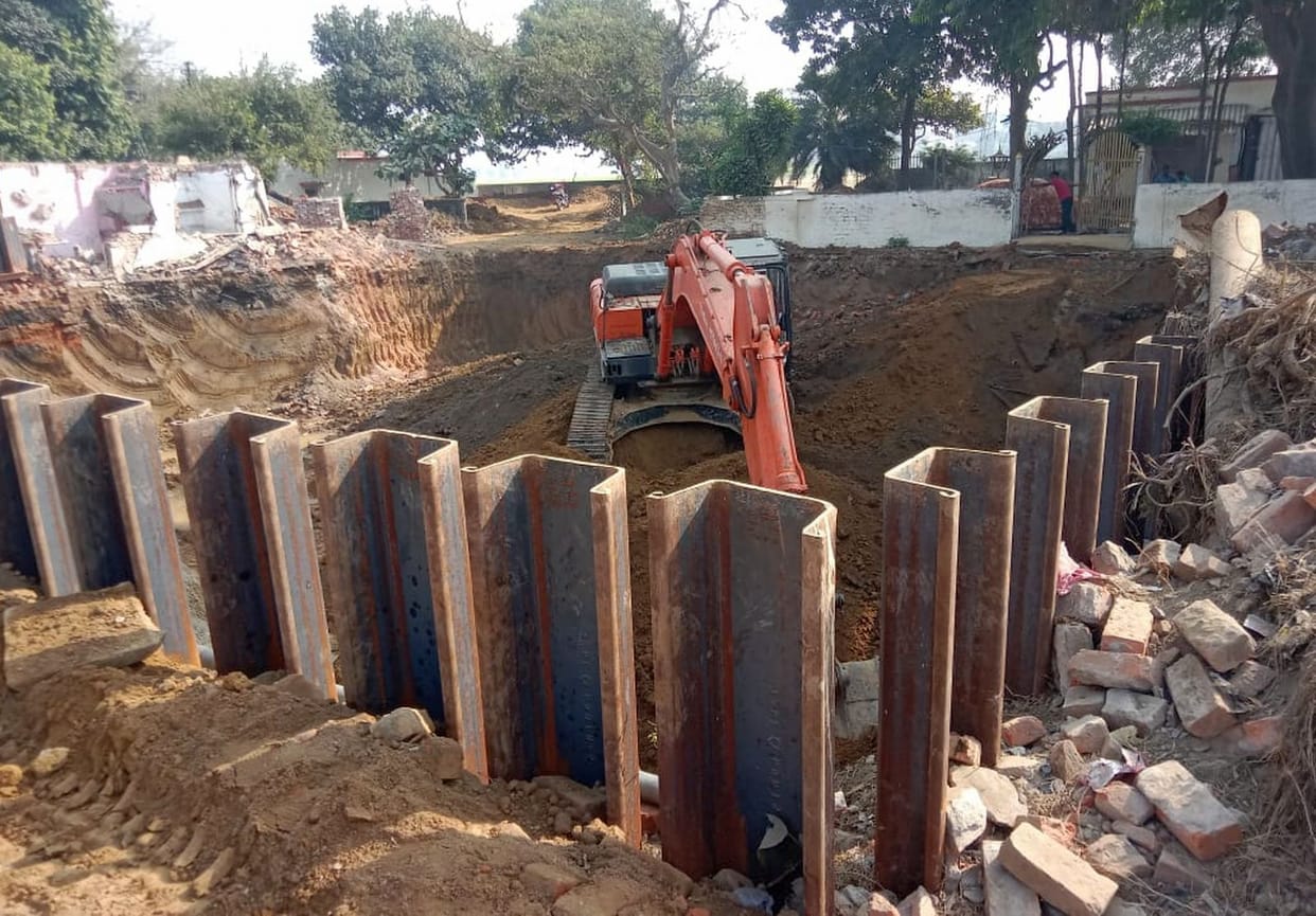 An underpass is being built under the overbridge in the city