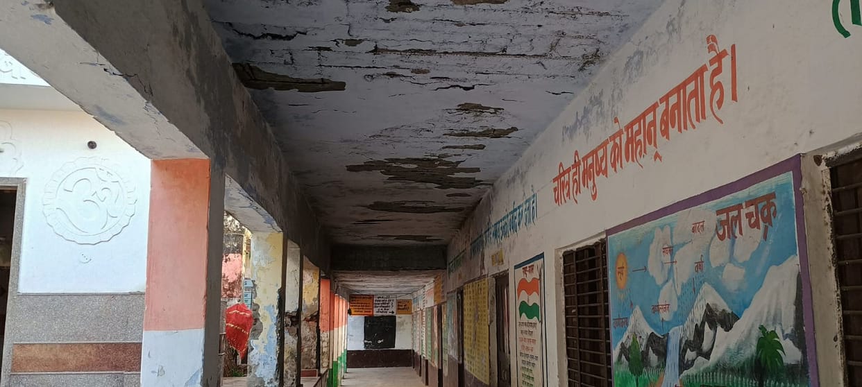 Classes of government school are being held in a dilapidated building