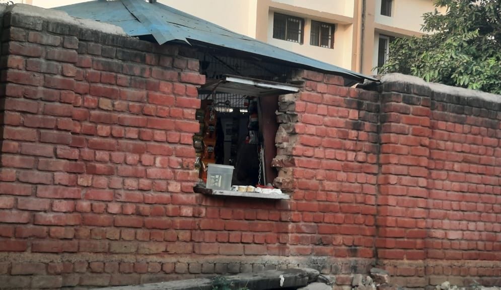 Tea and goods are being sold at Vita booth by breaking the wall of government school.