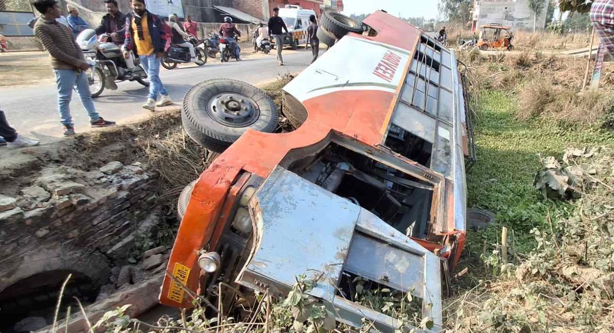 Uncontrollable bus overturns, two passengers injured