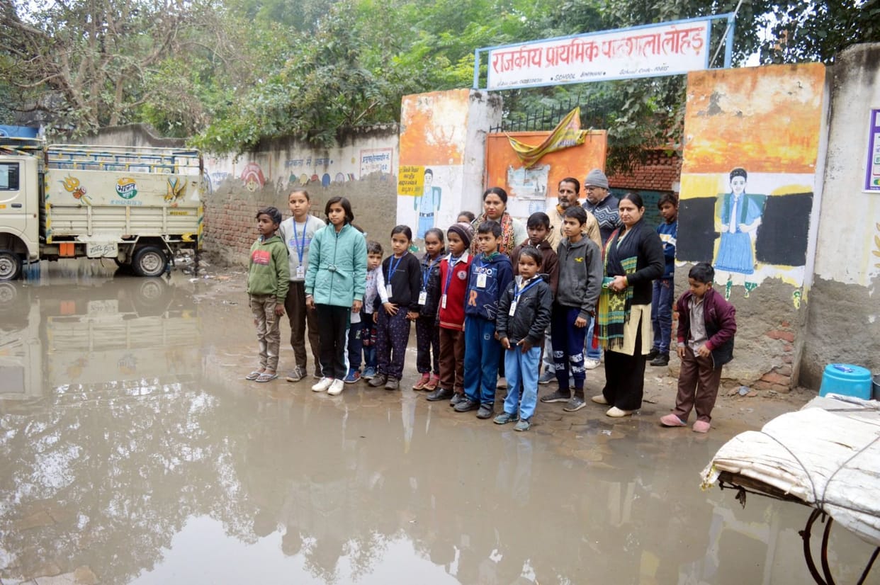 Waterlogging at the main gate of Government Primary School