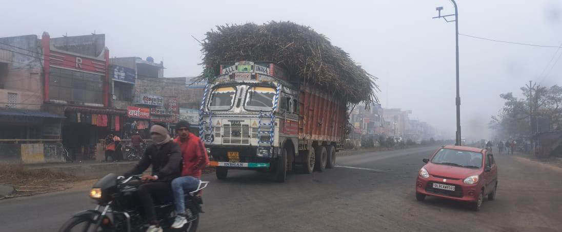 Overloaded sugarcane trucks are running on the roads, accidents can happen in fog