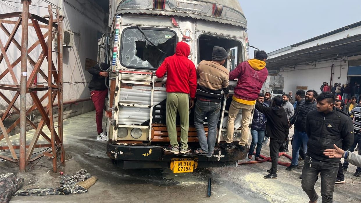 Fire breaks out in truck loaded with refrigerator in warehouse