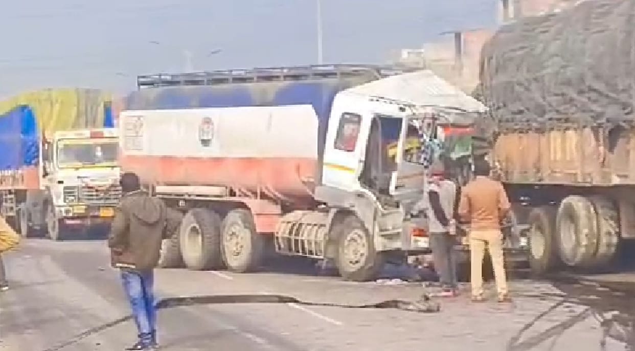 Tanker carrying crude oil collides with trailer, highway jammed