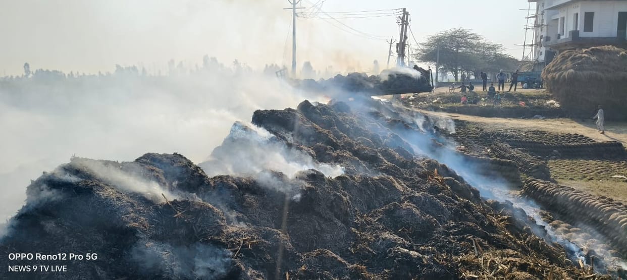A trolley laden with leaves caught fire after hitting a high tension line.