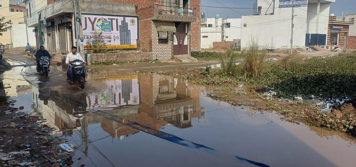 Water on the road of Satsang Vihar, causing problems