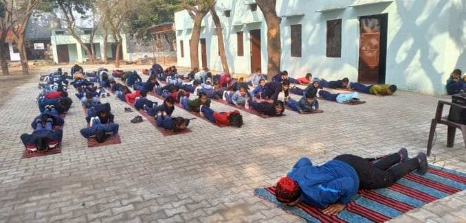 Students were made to practice Surya Namaskar
