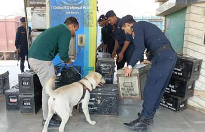कमांडो व डॉग स्क्वायड की टीमों के साथ भिवानी के रेलवे स्टेशन पर सर्च अभियान चलाते पुलिस अधिका
