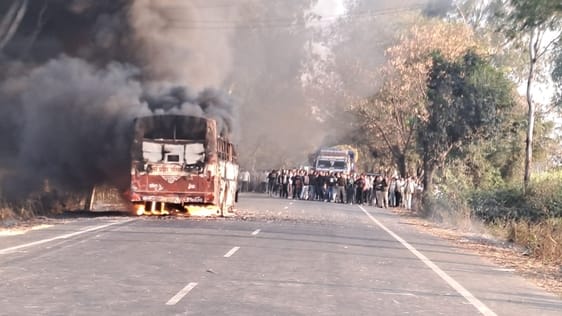 Roadways bus caught fire after collision with scooty, 45 minutes jammed highway