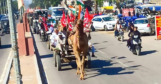 Farmers and laborers took out a tractor-bike parade, camel carts were also included