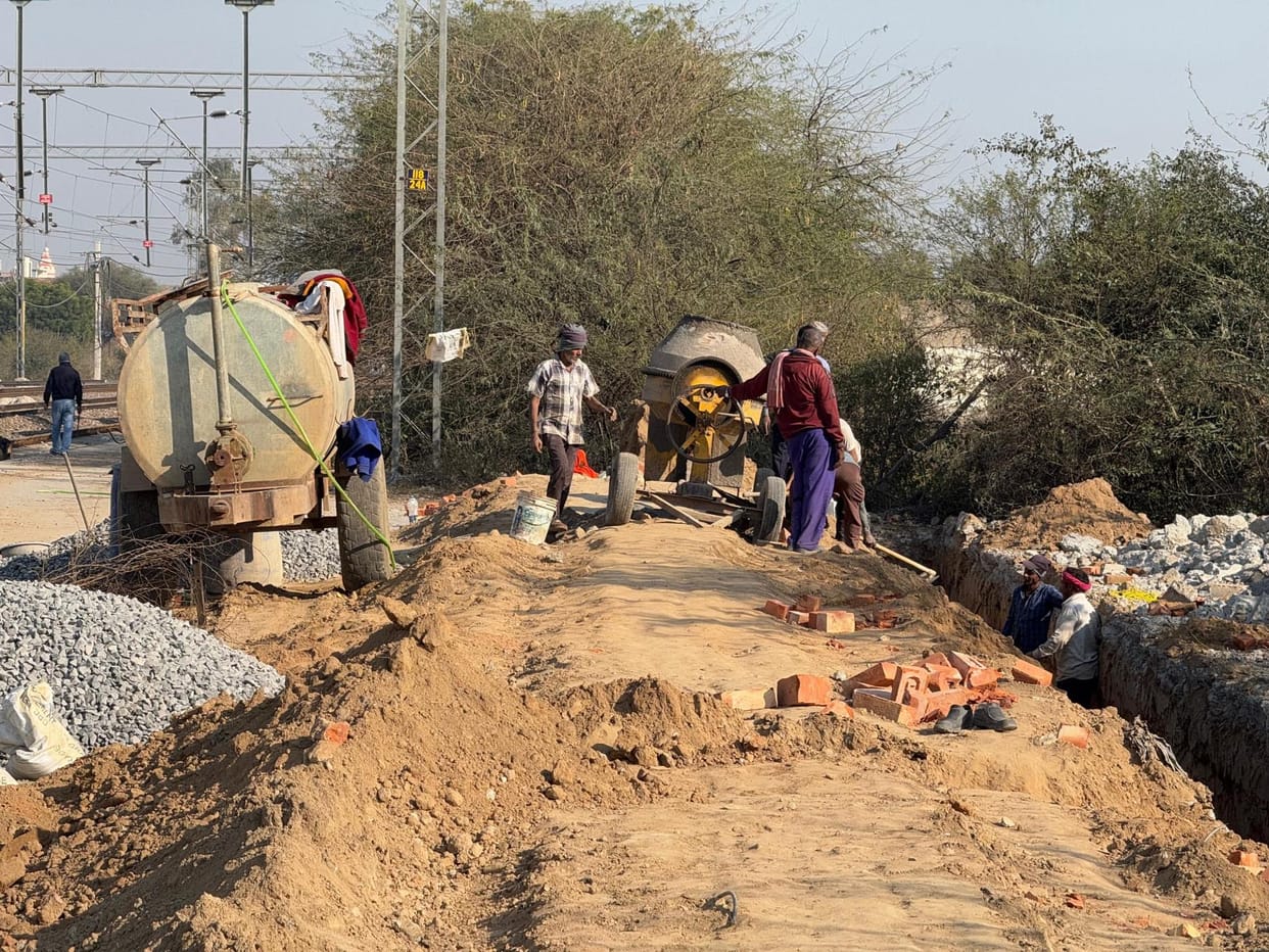 Work started for improvement of railway junction, no space marked for foot over bridge