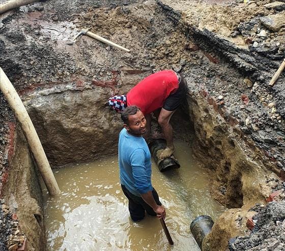 The drinking water line got broken while laying the sewer line