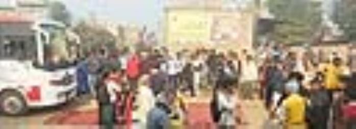 Troubled by lack of buses, students blocked the main road in Chandar Kalan.