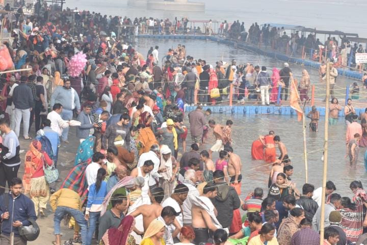 A crowd of devotees gathered to take a holy dip