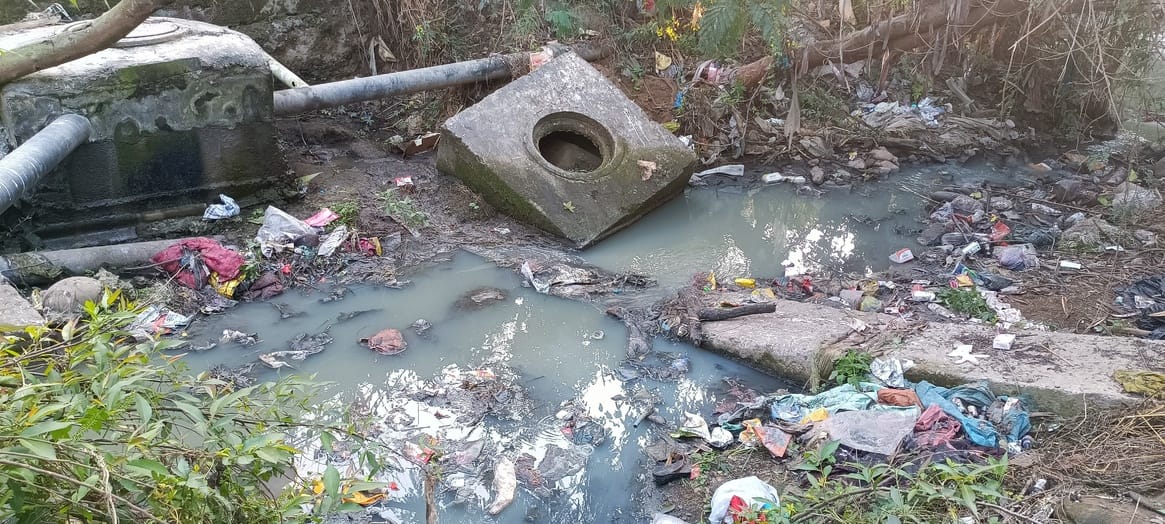 Sewage flowing in front of houses near Gandhi Chowk in Ghumarwin