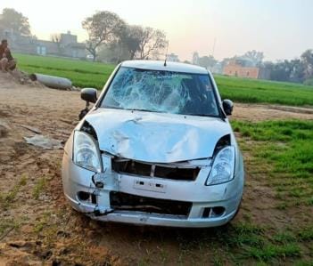 Head-on collision between car and bike, husband, wife and daughter injured