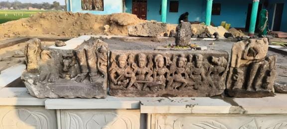 Historical sculptures found during excavation for the restoration of the temple