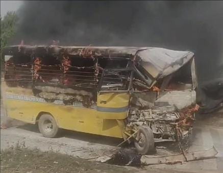 School bus caught fire after colliding with tractor-trolley, driver critical
