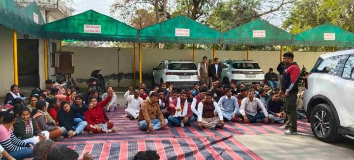Municipal Corporation employees sit on strike to protest against removal of Hartron employees