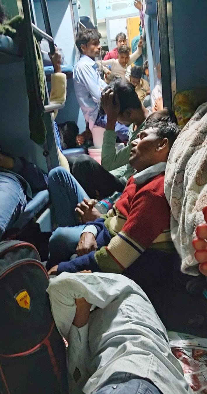 Crowd of passengers in trains and buses