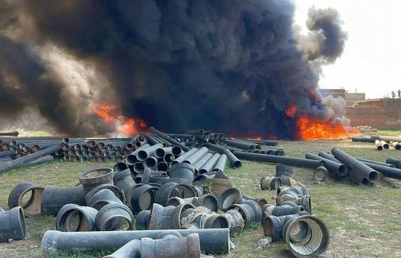 A fire broke out in a pile of pipes kept in the Amrit Yojana ground