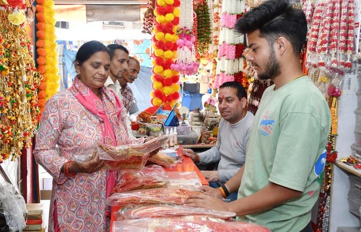 Market decorated for Chaitra Navratri