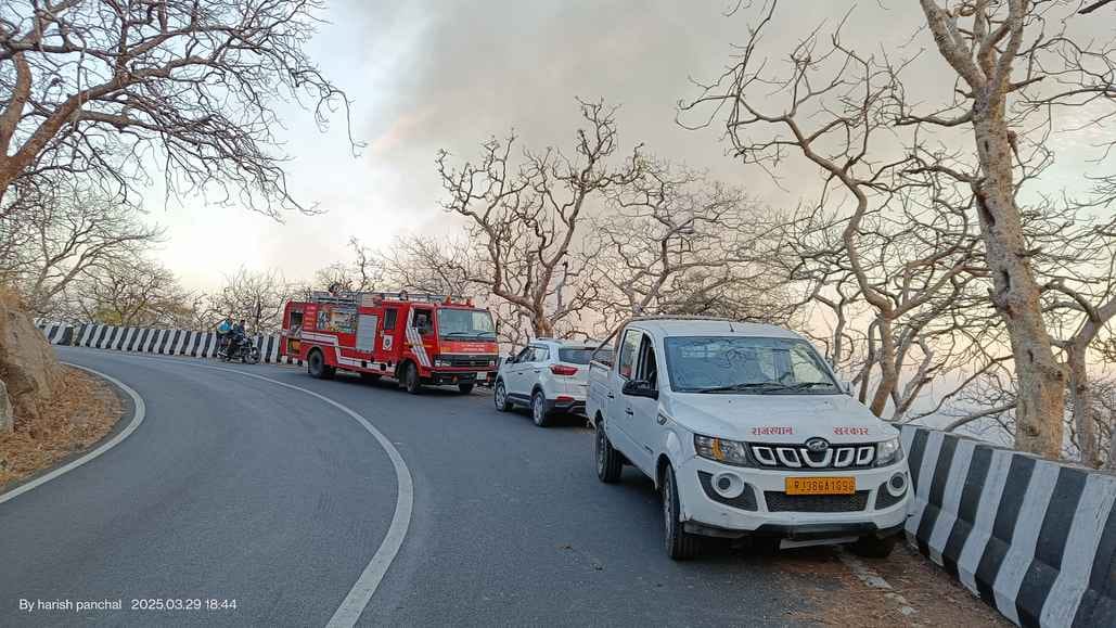 सिरोही। लगातार दूसरे दिन भी जारी रही माउंटआबू-आबूरोड मार्ग पर जंगलों में लगी आग।