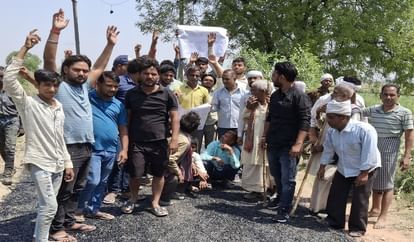 Villagers protested against the use of substandard material in road construction