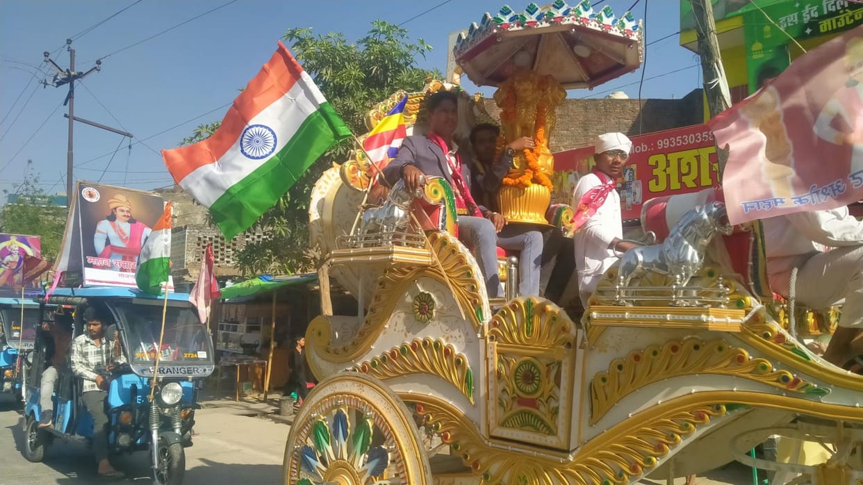 Tableau of national symbols taken out on Emperor Ashoka's birth anniversary