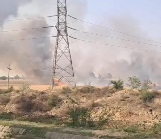 Villagers and fire brigade brought the fire in wheat fields in Bithamda under control
