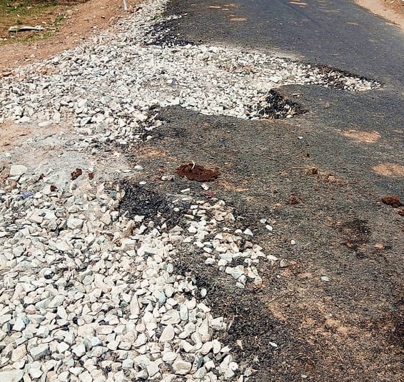 The road constructed a month ago started crumbling due to poor construction
