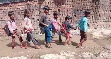 Old people, children and women are forced to walk through the dirty road